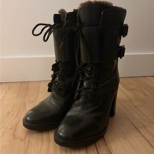 Tory Burch Black Lace-Up Fur Lined Leather Boots